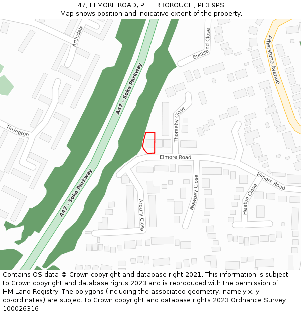 47, ELMORE ROAD, PETERBOROUGH, PE3 9PS: Location map and indicative extent of plot