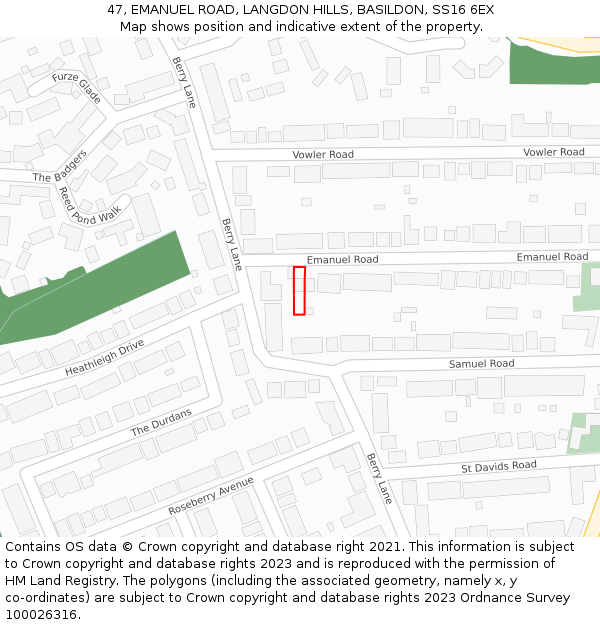 47, EMANUEL ROAD, LANGDON HILLS, BASILDON, SS16 6EX: Location map and indicative extent of plot