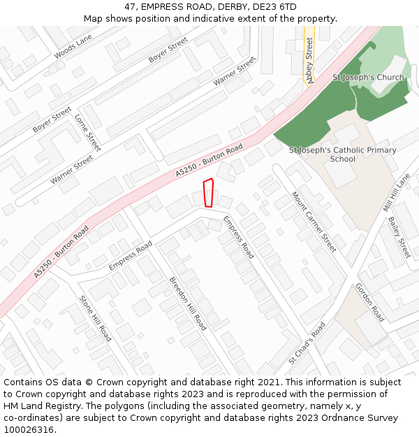 47, EMPRESS ROAD, DERBY, DE23 6TD: Location map and indicative extent of plot