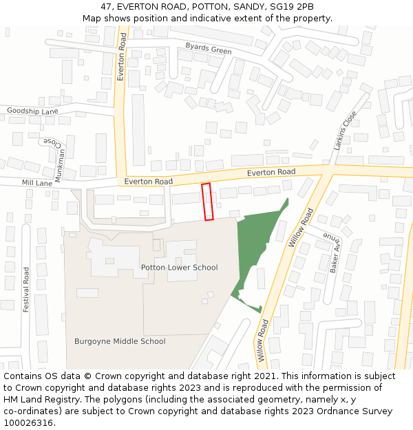 47, EVERTON ROAD, POTTON, SANDY, SG19 2PB: Location map and indicative extent of plot