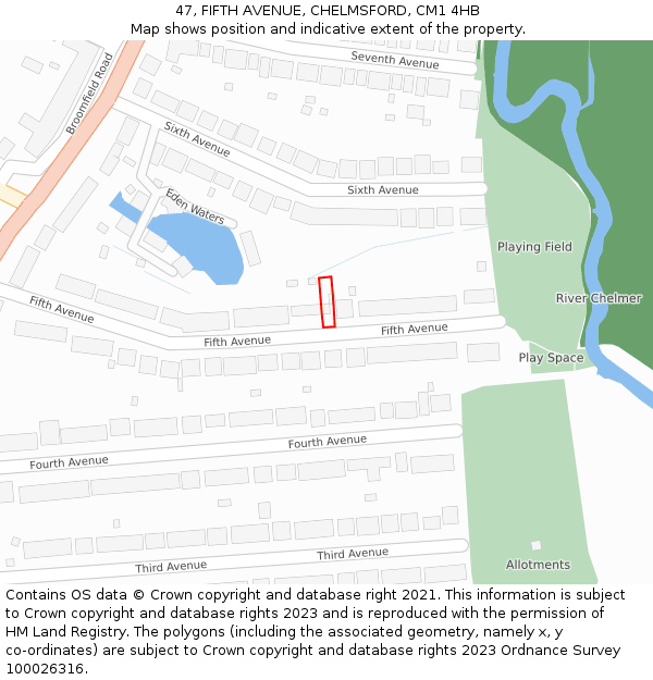 47, FIFTH AVENUE, CHELMSFORD, CM1 4HB: Location map and indicative extent of plot