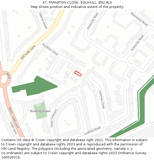 47, FRANKTON CLOSE, SOLIHULL, B92 8LX: Location map and indicative extent of plot