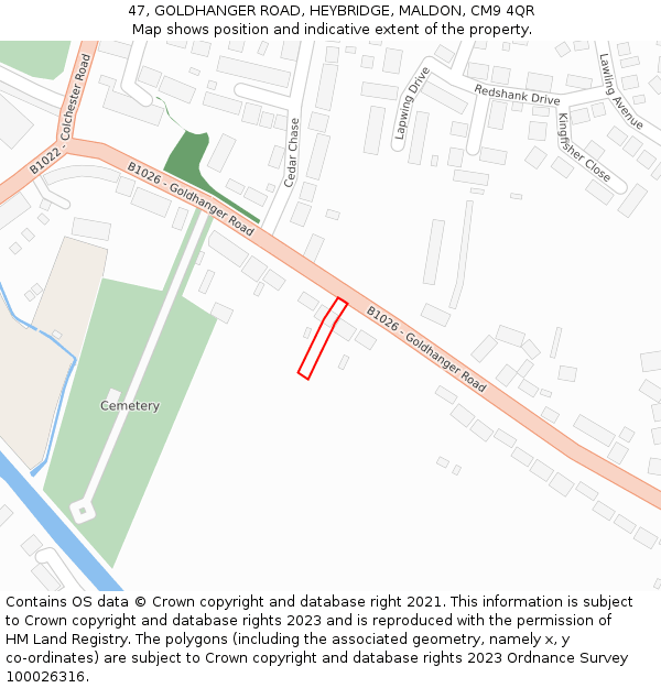 47, GOLDHANGER ROAD, HEYBRIDGE, MALDON, CM9 4QR: Location map and indicative extent of plot