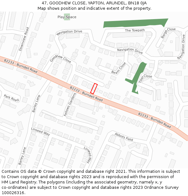 47, GOODHEW CLOSE, YAPTON, ARUNDEL, BN18 0JA: Location map and indicative extent of plot