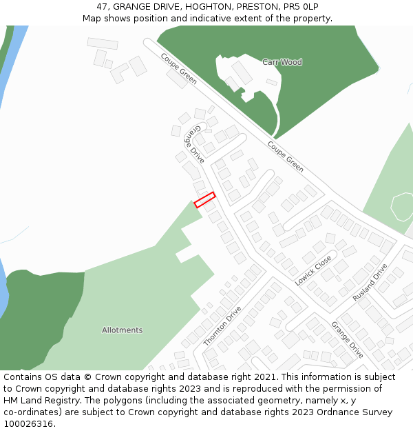 47, GRANGE DRIVE, HOGHTON, PRESTON, PR5 0LP: Location map and indicative extent of plot