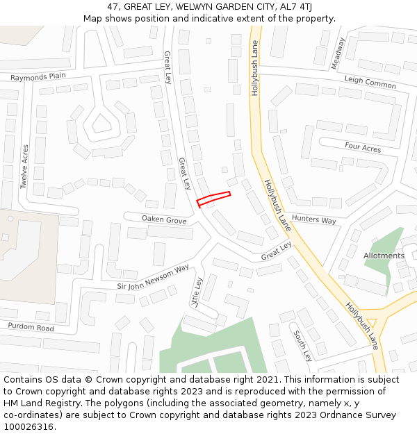 47, GREAT LEY, WELWYN GARDEN CITY, AL7 4TJ: Location map and indicative extent of plot
