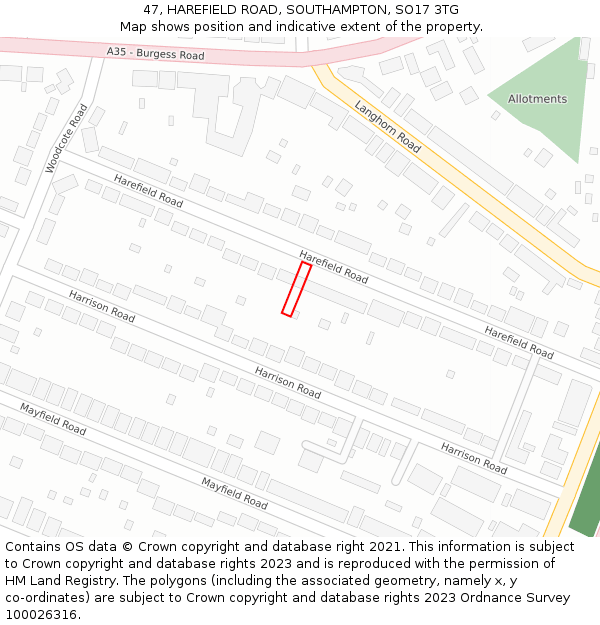 47, HAREFIELD ROAD, SOUTHAMPTON, SO17 3TG: Location map and indicative extent of plot
