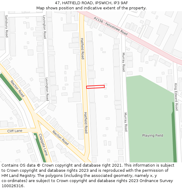 47, HATFIELD ROAD, IPSWICH, IP3 9AF: Location map and indicative extent of plot