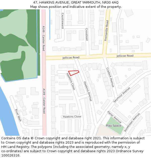 47, HAWKINS AVENUE, GREAT YARMOUTH, NR30 4AQ: Location map and indicative extent of plot