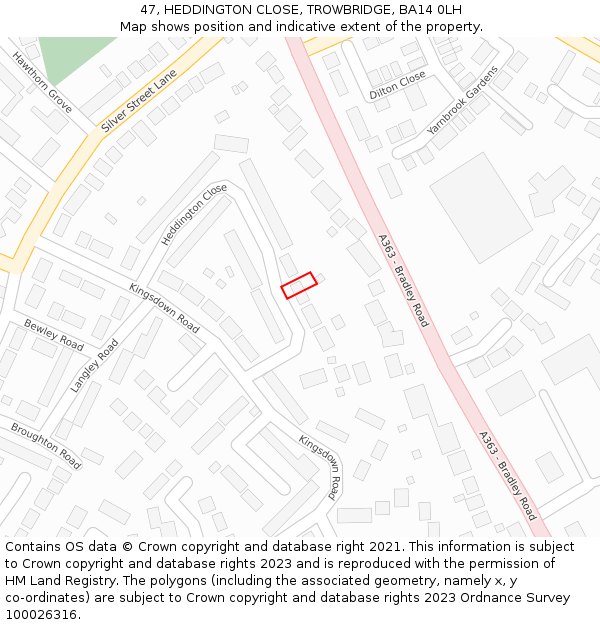 47, HEDDINGTON CLOSE, TROWBRIDGE, BA14 0LH: Location map and indicative extent of plot