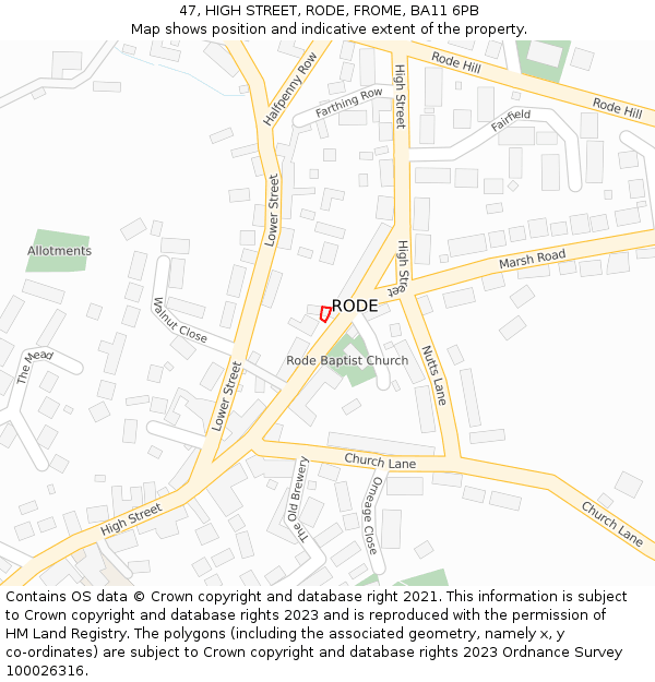 47, HIGH STREET, RODE, FROME, BA11 6PB: Location map and indicative extent of plot