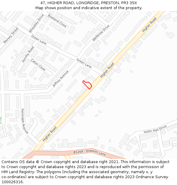 47, HIGHER ROAD, LONGRIDGE, PRESTON, PR3 3SX: Location map and indicative extent of plot