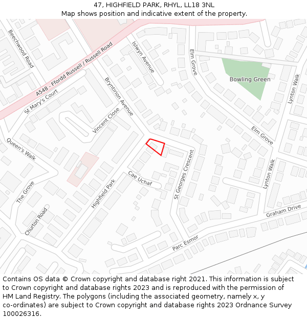 47, HIGHFIELD PARK, RHYL, LL18 3NL: Location map and indicative extent of plot