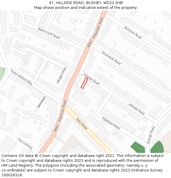47, HILLSIDE ROAD, BUSHEY, WD23 2HB: Location map and indicative extent of plot