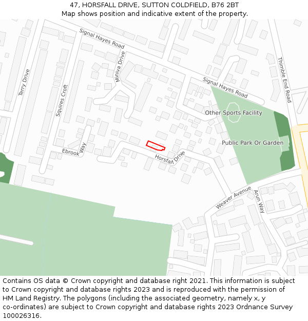 47, HORSFALL DRIVE, SUTTON COLDFIELD, B76 2BT: Location map and indicative extent of plot