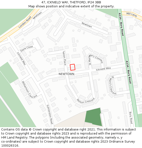 47, ICKNIELD WAY, THETFORD, IP24 3BB: Location map and indicative extent of plot