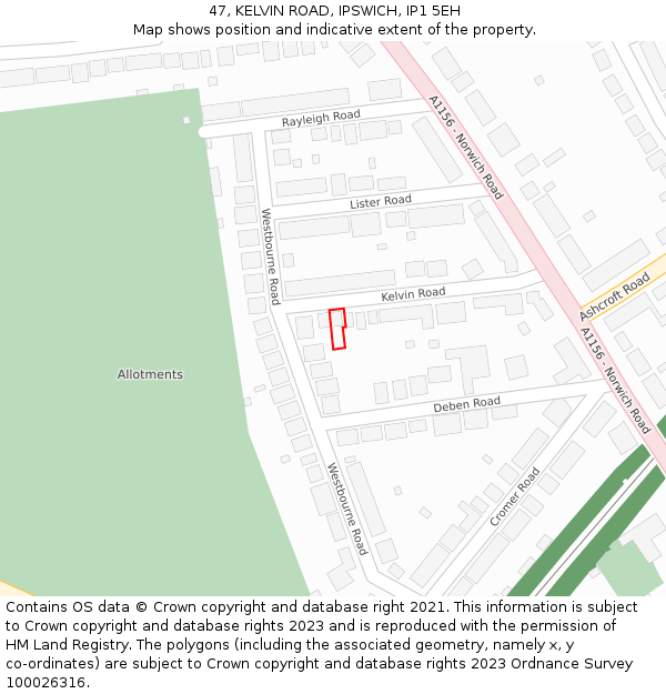 47, KELVIN ROAD, IPSWICH, IP1 5EH: Location map and indicative extent of plot