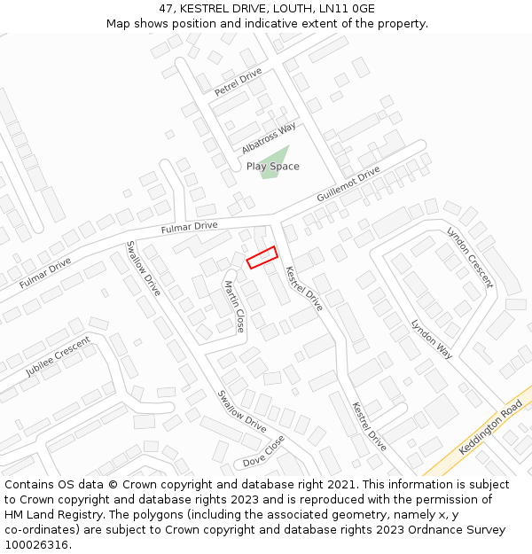 47, KESTREL DRIVE, LOUTH, LN11 0GE: Location map and indicative extent of plot