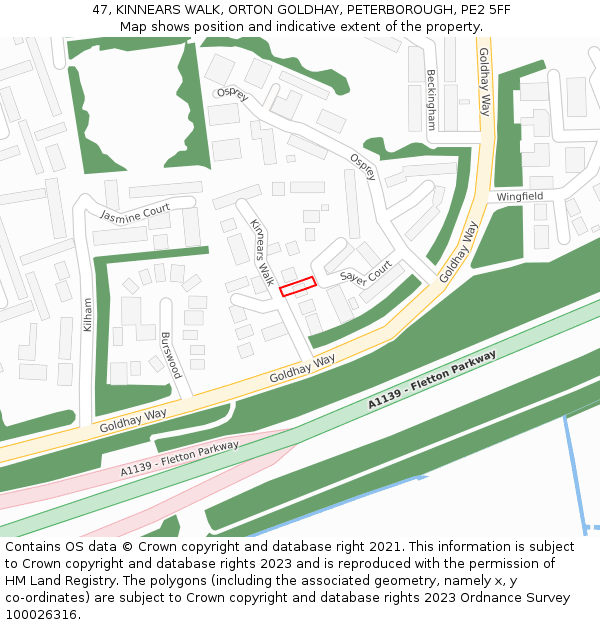 47, KINNEARS WALK, ORTON GOLDHAY, PETERBOROUGH, PE2 5FF: Location map and indicative extent of plot