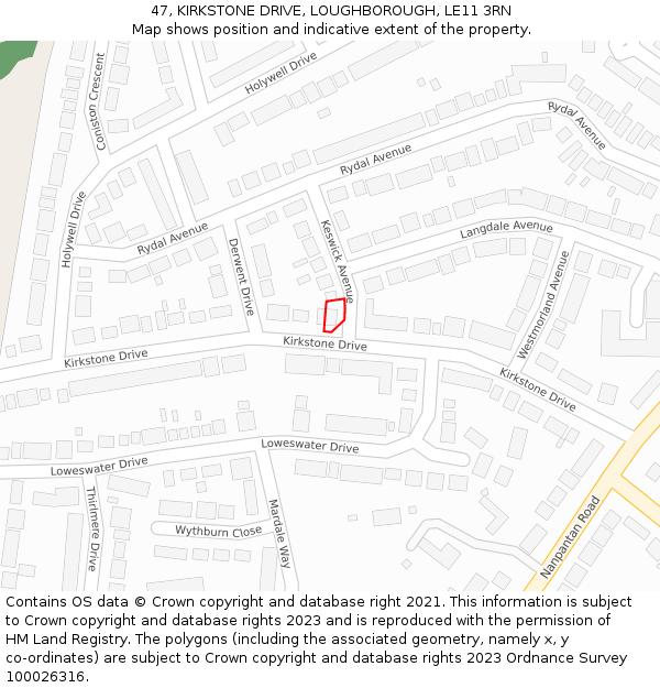 47, KIRKSTONE DRIVE, LOUGHBOROUGH, LE11 3RN: Location map and indicative extent of plot