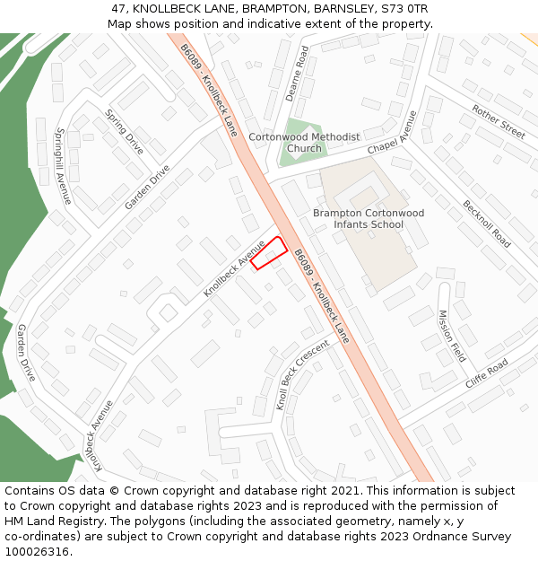 47, KNOLLBECK LANE, BRAMPTON, BARNSLEY, S73 0TR: Location map and indicative extent of plot