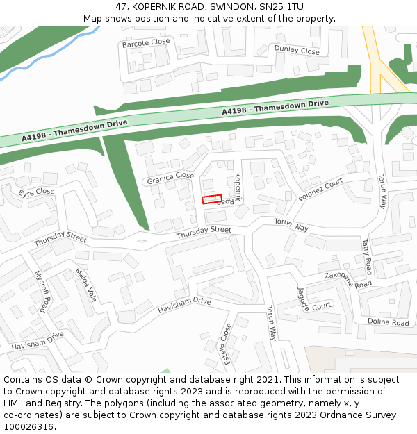 47, KOPERNIK ROAD, SWINDON, SN25 1TU: Location map and indicative extent of plot