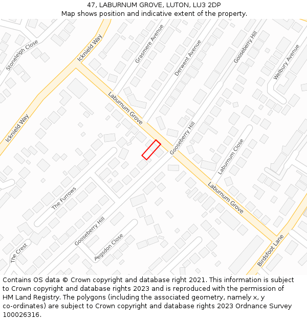 47, LABURNUM GROVE, LUTON, LU3 2DP: Location map and indicative extent of plot