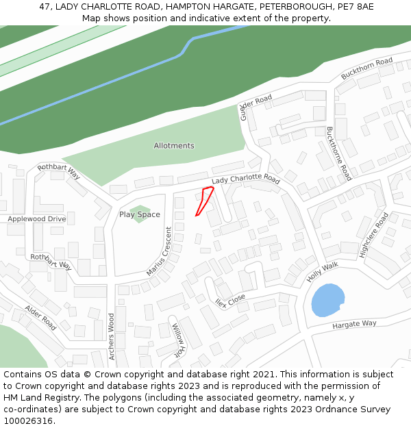 47, LADY CHARLOTTE ROAD, HAMPTON HARGATE, PETERBOROUGH, PE7 8AE: Location map and indicative extent of plot