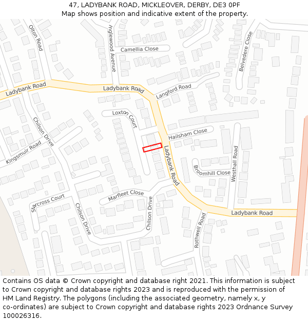 47, LADYBANK ROAD, MICKLEOVER, DERBY, DE3 0PF: Location map and indicative extent of plot
