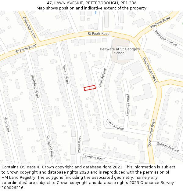 47, LAWN AVENUE, PETERBOROUGH, PE1 3RA: Location map and indicative extent of plot