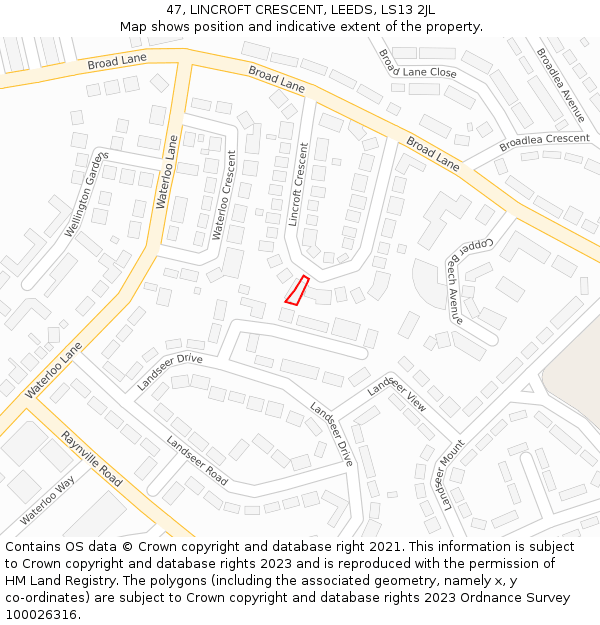 47, LINCROFT CRESCENT, LEEDS, LS13 2JL: Location map and indicative extent of plot