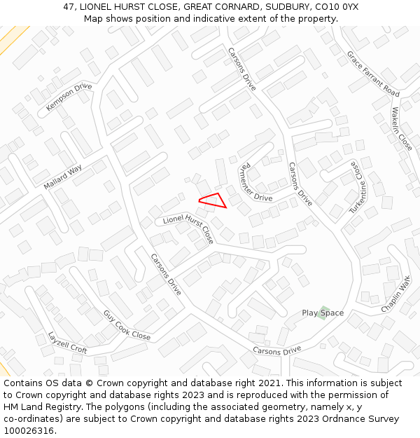 47, LIONEL HURST CLOSE, GREAT CORNARD, SUDBURY, CO10 0YX: Location map and indicative extent of plot