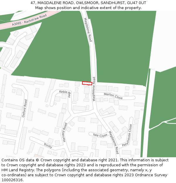 47, MAGDALENE ROAD, OWLSMOOR, SANDHURST, GU47 0UT: Location map and indicative extent of plot