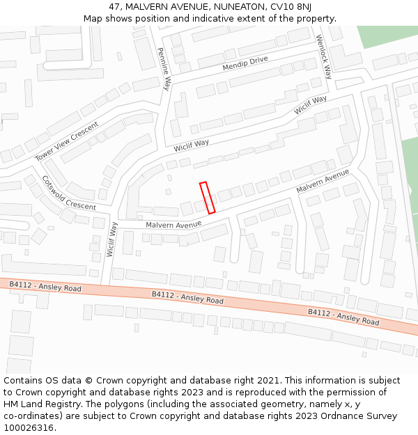 47, MALVERN AVENUE, NUNEATON, CV10 8NJ: Location map and indicative extent of plot