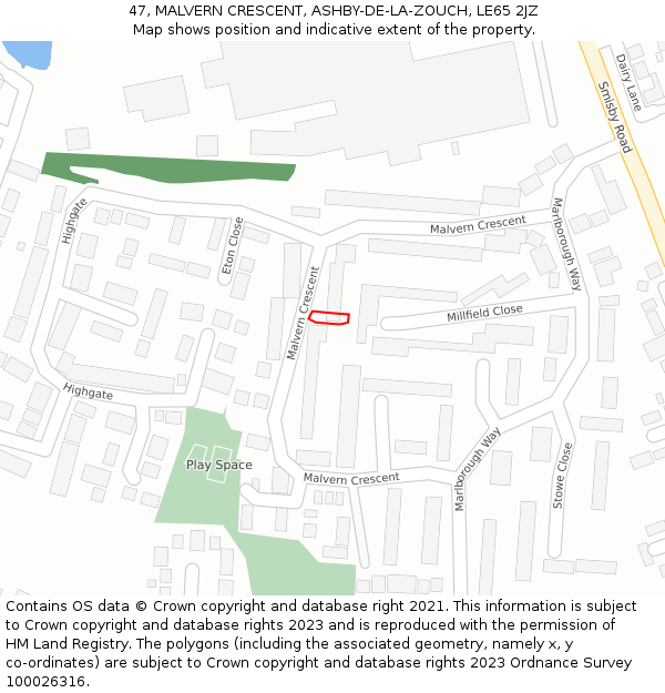 47, MALVERN CRESCENT, ASHBY-DE-LA-ZOUCH, LE65 2JZ: Location map and indicative extent of plot