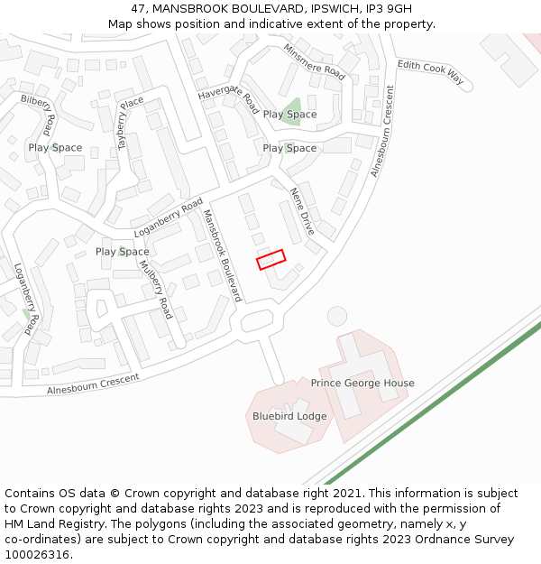 47, MANSBROOK BOULEVARD, IPSWICH, IP3 9GH: Location map and indicative extent of plot