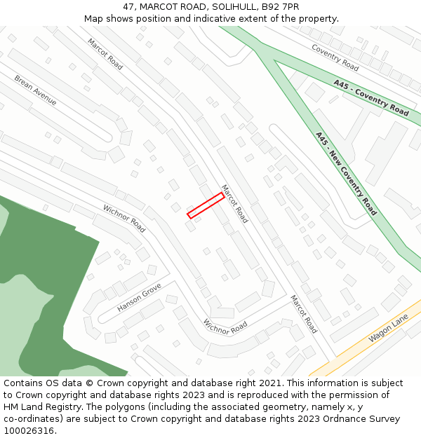 47, MARCOT ROAD, SOLIHULL, B92 7PR: Location map and indicative extent of plot