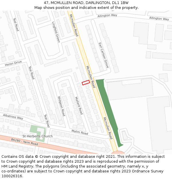 47, MCMULLEN ROAD, DARLINGTON, DL1 1BW: Location map and indicative extent of plot