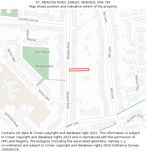 47, MEADOW ROAD, EARLEY, READING, RG6 7EX: Location map and indicative extent of plot