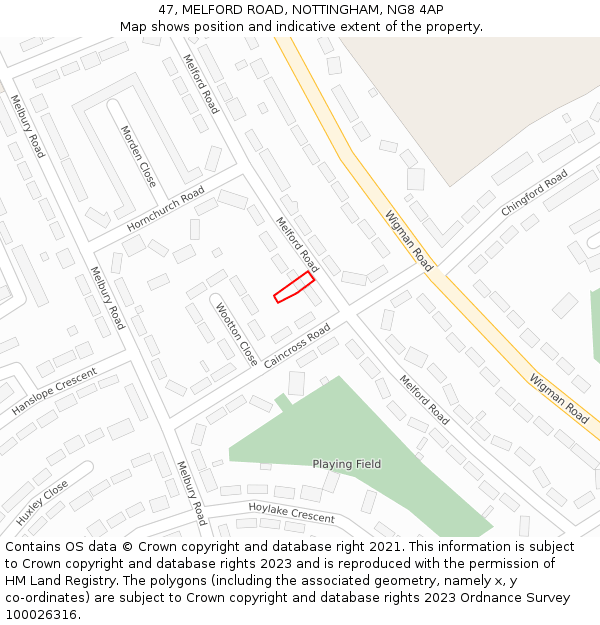 47, MELFORD ROAD, NOTTINGHAM, NG8 4AP: Location map and indicative extent of plot
