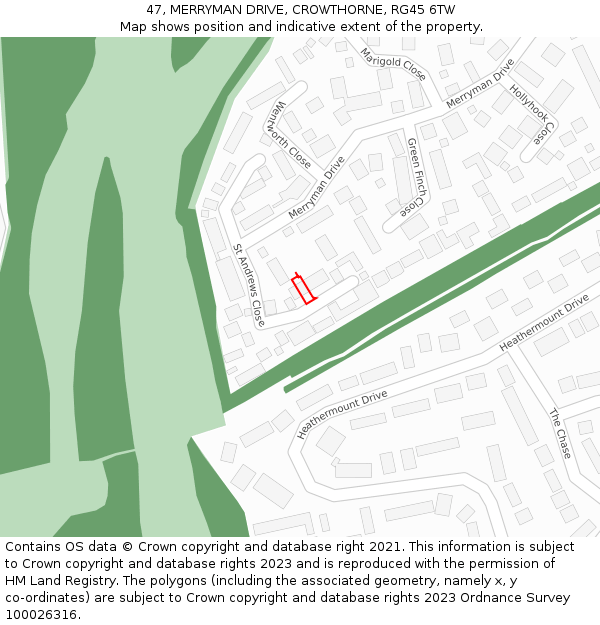47, MERRYMAN DRIVE, CROWTHORNE, RG45 6TW: Location map and indicative extent of plot