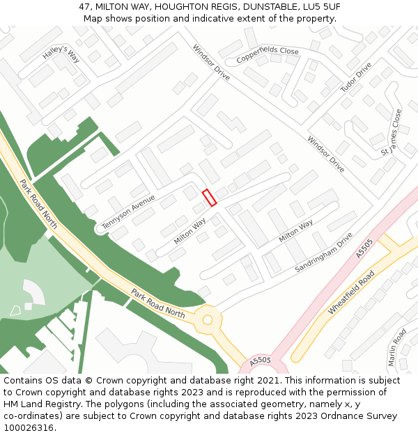 47, MILTON WAY, HOUGHTON REGIS, DUNSTABLE, LU5 5UF: Location map and indicative extent of plot