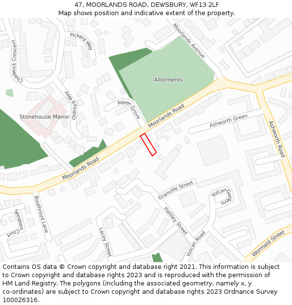 47, MOORLANDS ROAD, DEWSBURY, WF13 2LF: Location map and indicative extent of plot