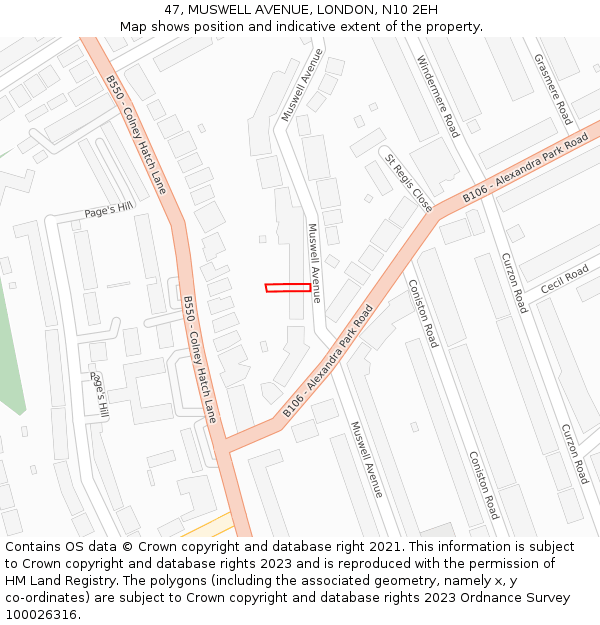 47, MUSWELL AVENUE, LONDON, N10 2EH: Location map and indicative extent of plot