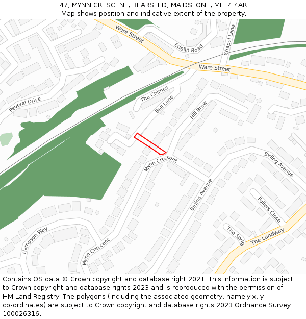 47, MYNN CRESCENT, BEARSTED, MAIDSTONE, ME14 4AR: Location map and indicative extent of plot