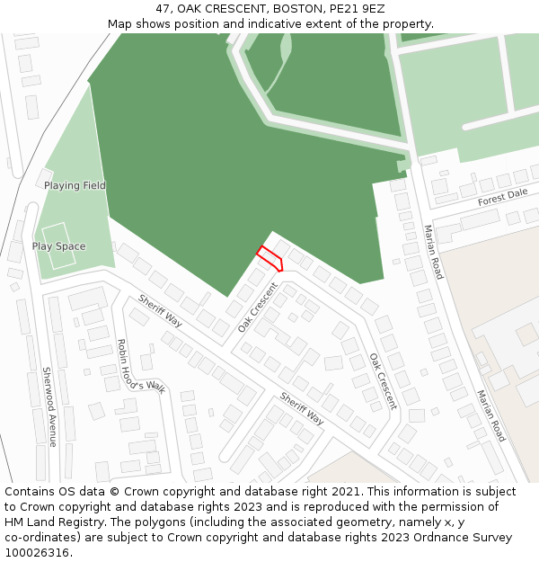 47, OAK CRESCENT, BOSTON, PE21 9EZ: Location map and indicative extent of plot