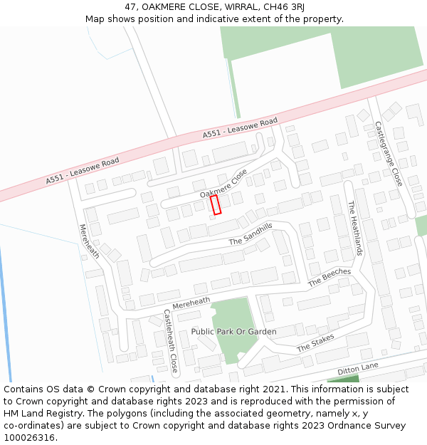 47, OAKMERE CLOSE, WIRRAL, CH46 3RJ: Location map and indicative extent of plot