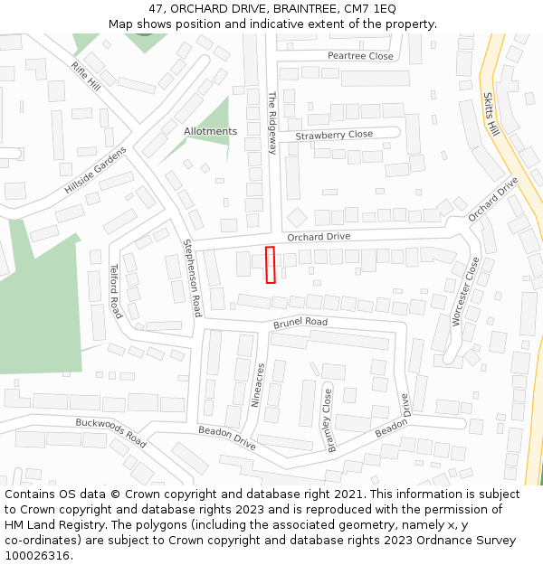 47, ORCHARD DRIVE, BRAINTREE, CM7 1EQ: Location map and indicative extent of plot