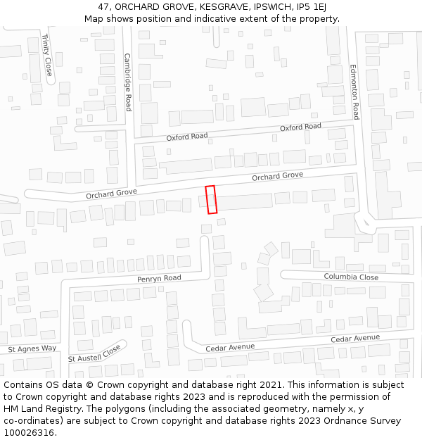 47, ORCHARD GROVE, KESGRAVE, IPSWICH, IP5 1EJ: Location map and indicative extent of plot