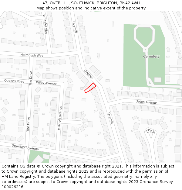 47, OVERHILL, SOUTHWICK, BRIGHTON, BN42 4WH: Location map and indicative extent of plot